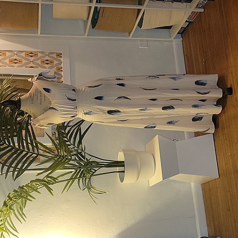 Coraly Cream floor length open back tie straps feather dress